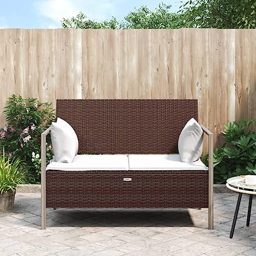 Homgoday Gartenbank 2-Sitzer mit Kissen Truhenbank mit Stauraum Sitzbank Parkbank Gartenbank Truhenbank Gartensofa Terrassenbank für Garten, Balkon und Terrasse Braun Poly Rattan