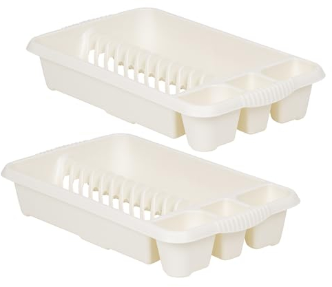 JMS we create smile Set of 2- Medium Size Plastic Dish Drainer With Hold Upto 12 Plates and 3 Cutlery Drainers Utensil Sink Holder Rack Kitchen Cutlery Tray Stand (Soft Cream)