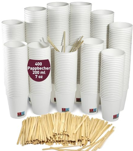 400 Gobelets en Carton Jetable de 200 ml / 7 blanc oz avec Agitateurs en Bois pour Café et Autres Boissons, verres carton jetables