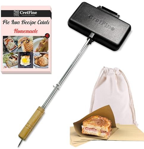 CretFine Sandwicheisen, Gusseisernen Formen Wendepfanne, Sandwich Pfanne, Sandwichmaker für offenes Feuer, Lagerfeuer Waffeleisen Grillküche, Camping, inkl. Transporttasche, Rezeptkarten