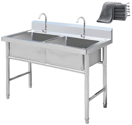 Freistehendes Doppelwaschbecken aus Edelstahl für den Außenbereich, Küchenspüle, Rückwand für Waschküche, Garage, Badezimmer, Hinterhof, Bauernhaus (47,2 Zoll x 23,6 Zoll)