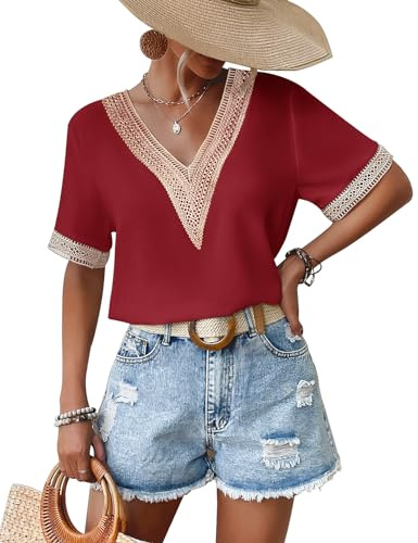 CMTOP Chemise Femme Chic T-Shirts à Manches Courtes Été Blouses Hauts T-Shirt Élégant Chemisiers d'été en Mousseline Col en V Tops en Dentelle Décontracté de Couleur Unie Shirt(Rouge, M)