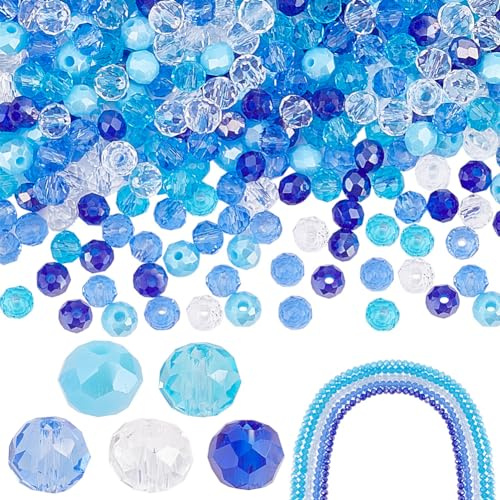 PH PandaHall 5 brin Perles de Cristal Bleu, 4mm Perles de Verre Bleues 5 couleurs Perles de Cristal été Perles de Verre à Facettes Perles en Vrac pour Bijoux, Bracelets, Colliers, 114pcs/Chapelet