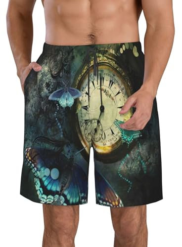 VAGILO Clock Butterfly Herren Strandshorts – schnell trocknende Badehose für aktiven Sommerurlaub und Wassersport, Strandmode, Badehose, Sommershorts, Urlaubsshorts, Badebekleidung, Uhr Schmetterling,