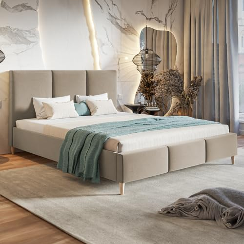 MOTIVENA Lola Polsterbett 160x200 mit Füßen, Bett 160x200 mit lattenrost, Polsterbett 160x200 ohne Bettkasten, Polsterbett 160x200 Samt, mit Kopfteil, ohne Matratze, Beige
