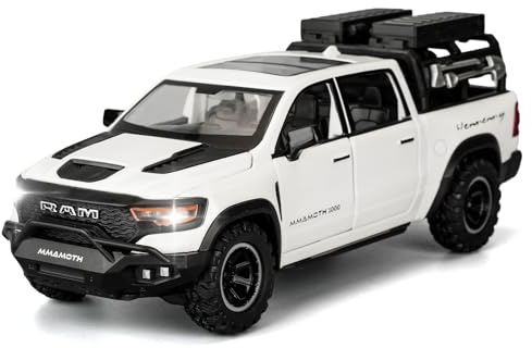 TGRCM-CZ Dodge Ram Mammoth Pick-Up Truck Modell Auto, Zink Legierung Pull Back Spielzeugauto mit Ton und Licht für Kinder Jungen Mädchen Geschenk (Weiß)