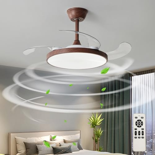 Grande Ventilatore Da Soffitto Con Luce Telecomando Silenzioso Camera Da Letto Retrattile Lampadario Ventilatore LED Dimmerabile Reversibile Moderno Plafoniera Con Ventilatore 6 Velocità-Wood||108cm