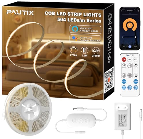 PAUTIX Tira LED COB Blanco Cálido 2700K 7,5m,504LEDs/M 24V Regulable LED Tira Flexible con Remoto RF/APP Inteligente/Alexa Control y Fuente de Alimentación,Brillo CRI90+ para Decoración del Hogar