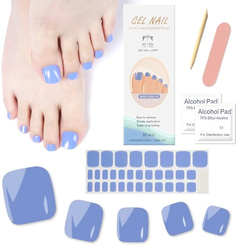 Ceboic 32 Stück Nagelfolie für Fußnägel, Halb Ausgehärtete Gel Pedi Wraps Selbstklebend Fußnagel Sticker, Einfarbig Zehennagelaufkleber Vollabdeckung Zehennagellack Aufkleber für Frauen (Blau)