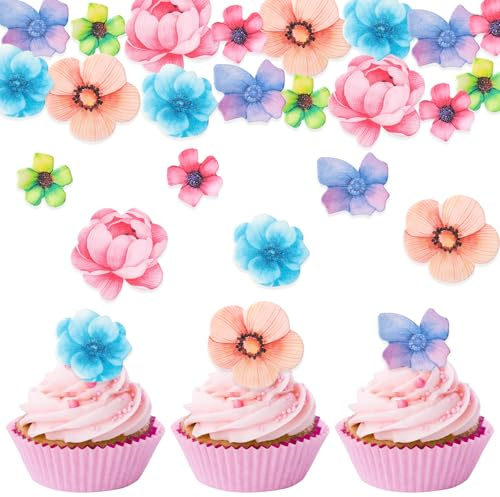 DazzJoy Essbare Blumen für Torte, 36 Stück Cupcake Topper, Blüten Tortendeko, Esspapier für Hochzeit, Geburtstag, Muffin Deko