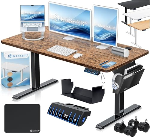 KESSER® höhenverstellbarer Schreibtisch elektrisch 120 x 60 cm, ergonomischer Steh-Sitz Tisch mit 3-Memory-Funktion, Stehtisch für Homeoffice, Inkl. Zubehör, USB-Ladeanschluss & 360° Rollen, Braun