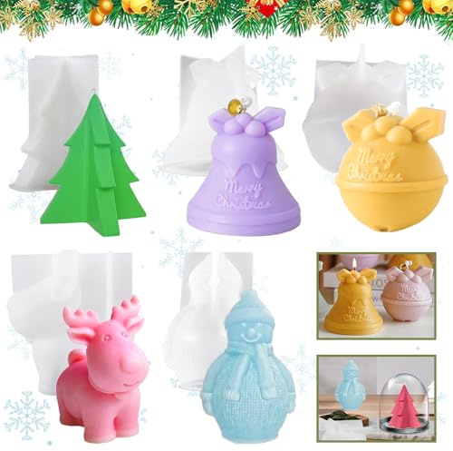 5 Pezzi Stampi per Candele Natalizie,3D Stampi in Silicone per Candele-Pupazzo di Neve,Pino,Renna,Campanelle-Stampi Silicone Natale,Stampi per Candele Fai Da Te Adatto per Candele e Sapone