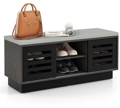 HOMASIS Banco con cajones para Zapatos, Zapatero con Asiento Acolchado, Baúl con 3 estantes Ajustables y 2 Puertas correderas, Zapatero de Madera para Pasillo, Entrada, 99,5 x 34,5 x 46 cm (Negro)