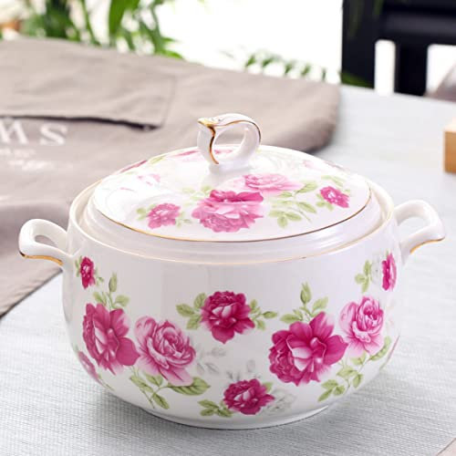 Zuppiera in porcellana con coperchio, 3 l, grande capacità, doppia maniglia, design azalea con finiture dorate, adatta al microonde e alla lavastoviglie