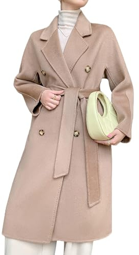 MASUCOR Ulljacka Dam Varm Lång Belägga Trenchcoat Lös Långlina Vinterjacka med Fickor Ullkappa Skjortjacka Ullkappa Dubbelknäppta Fritidskläder för Damer(Light Brown,L)