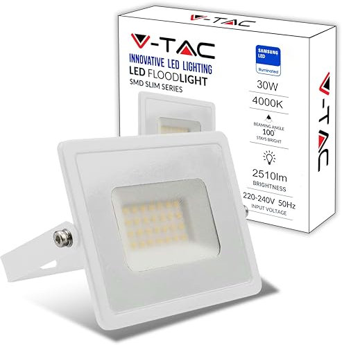 V-TAC Faro LED da Esterno Bianco 30W - [Chip Samsung - Alte Perfomance, Bassi Consumi] - 2510 Lumen - IP65 - Proiettore Faretto LED Nero per Casa, Giardino, Garage - Impermeabile - Luce Naturale 4000K