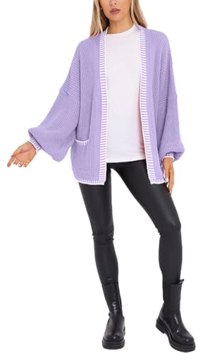 FASHIONISM Damen Strickjacke mit langen Ballonärmeln, offener Fornt-Stich, kurze Strickjacke, Wasserfall, Oversize, Strickpullover mit Tasche, Flieder, Einheitsgröße