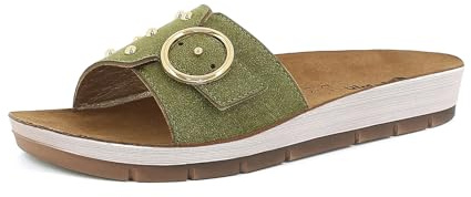 inblu Femme Ciabatte Donna Con Fibbia Tonda E Borchie Dorate, Plantare in Vera Pelle Imbottito Sandale Glissante, Tundra, 38 EU