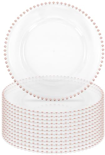 12 Pack Clear Acrylic Round Charger Plates With Rose Gold Beaded Rim, 13 Inch Plate Chargers for Dinner, Plastic Decorative Plates, Table Chargers for Wedding, Party, Event (Rose Gold)