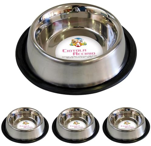 Croci - Gamelle pour Chiens et Chats en Acier Inoxydable, Capacité 0,25L, Hygiénique et Durable, avec Caoutchouc Antidérapant, Passe au Lave-Vaisselle, Diamètre Supérieur 10 cm (Lot de 4)