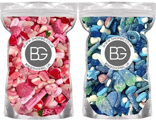 BG Quality Pick & Mix Sweets - Large Retro Candy Sweeties Bundle Deal 2 x 800g Pouches Baby Shower Gender Reveal Colourful Pink & Blue Mix