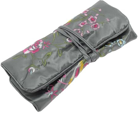 CAPASTEC Bolsa Enrollable para Joyas de Viaje, Organizador de Joyas con Bordado Chino para Guardar Pulseras, Collares y Anillos Gris