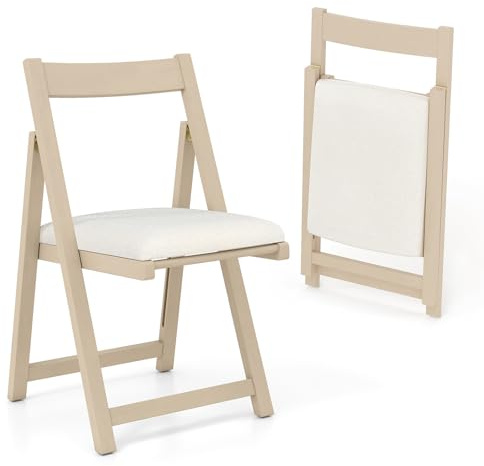 GIANTEX Juego de 2 Sillas de Comedor Plegables, Asiento Acolchado y Respaldo Inclinado, Estructura de Madera de Caucho, Carga hasta 150 kg, Sillas para Cocina, Salón (Beige)