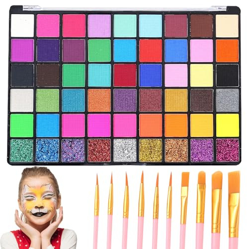SGZIOO Ansiktsfärger, barnsminksset, 54 färger, barnsminkset med 11 penslar, tvättbart barnsmink-set för halloween-make-up, karneval, teatersmink och bodypainting