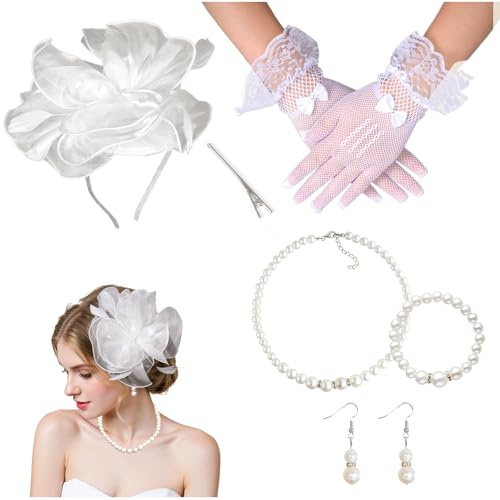 Fascinator Hüte für Damen Tea Party Kopfbedeckung Vintage Stirnband mit Kurze Spitze Handschuhe Perlenaccessoires für Hochzeit Halloween Party (DE/NL/SE/PL, Alphanumerisch, Einheitsgröße, Weiß)