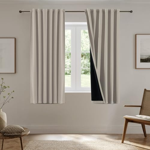 H.Versailtex 100% Blackout Curtains - Thermal Insulated Bedroom Window Curtains & Drapes Home Decor Solid Draperies Sun Blocking, Energy Saving, W46x L54 Inch, 2 Panels, Natural Sand