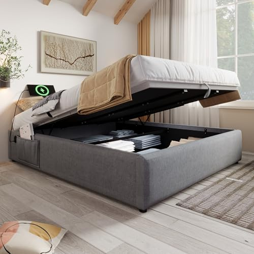 Bett 160x200 cm mit USB Type-C-Ladefunktion, Polsterbett mit Hydraulischer Stauraum und Vollflächiger Lattenrost, Ohne Kopfteil, Hydraulisch Doppelbett Stauraumbett, Baumwolle, ohne Matratze, Grau