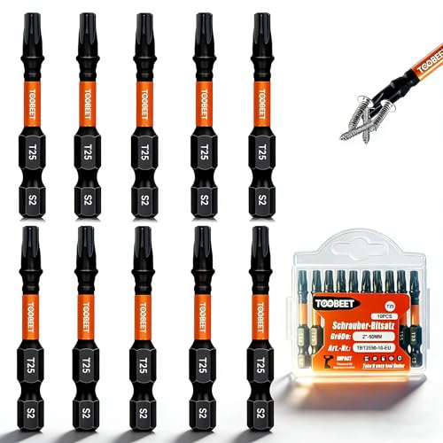 Toobeet Torx Impact Schraubendreher Bits Set, 20tlg. Magnetischen S2-Stahl 25mm T20 Schlagfeste Schrauber Bitsatz für Schlagwerkzeuge mit 1 (75 mm) langem Bithalter (10, 50mm-T25-10 Stück)