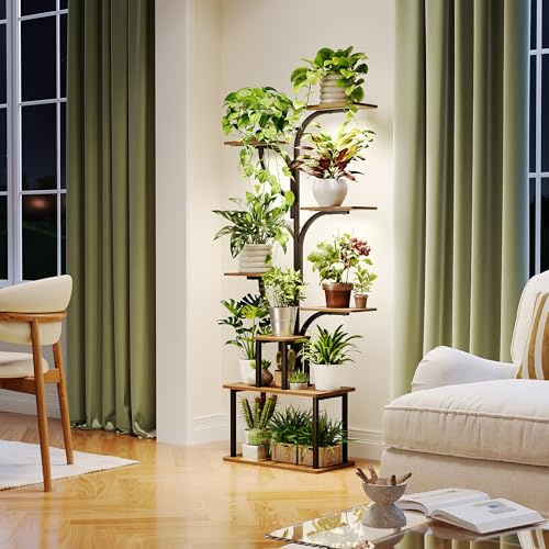 GoTiling Grand Support de Plantes d’Intérieur, Etagère à Plante 8 Niveaux avec Lampe de Croissance, Meuble pour Plantes Vertes d’Intérieur, en Forme d’Arbre