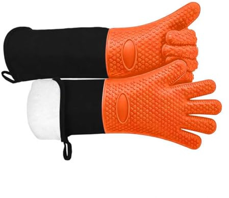 Extra Long Silicone Oven Gloves, Heat Resistant Non-Slip Oven Mitts, Cotton Quilted Liner Kitchen Gloves for Co oking, Baking,Grilling, Microwave, Orange