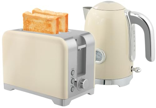 HOMCOM Wasserkocher und Toaster Set, Frühstückset, Cremeweiß | 2200 W, 1,7 L, Edelstahl Wasserkocher, Kalkfilter, 2 Scheiben Toaster, 7 Bräunungsstufen, Thermometer, Krümelfach