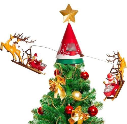 BAKAJI Puntale Rotante con Slitte di Babbo Natale e Renne, Decorazione per Albero di Natale, Addobbo Luminoso con Luci Led Bianco Caldo, Decorazioni Ornamenti Natalizi con Musica Girevole, Attacco USB