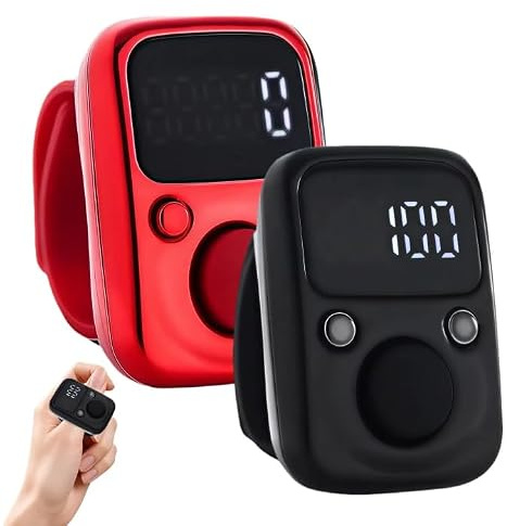 GOEDCH 2 Stück Smart ZäHler Klicker: Tragbarer LED Digitale Finger Counter mit Zeitanzeige, Wiederaufladbar Fingerzähler für Sportveranstaltungen, Schulaktivitäten, Teamtraining (Schwarz + Rot)