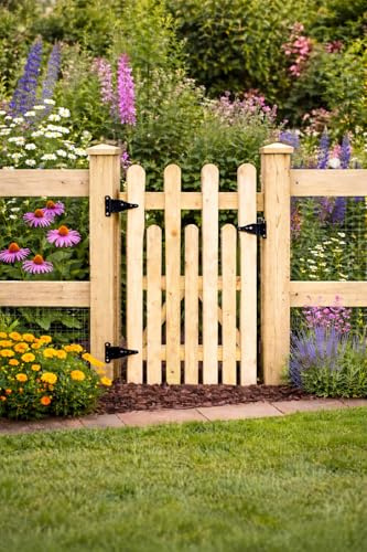 Wooden Garden up and Down Picket Gate Pressure Treated Timber Pedestrian Fence Gate, Outdoor Wooden Garden Gate with Picket Design (90cm Hight x 105cm Wide x 5cm Deep)