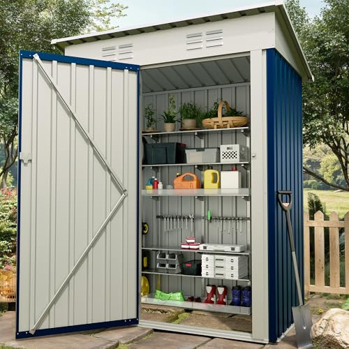 GarveeHome Geräteschuppen Metall, 152x90x183 cm (5 x 3 Fuß), Robustes Metall-Anlehnschuppen mit abschließbarer Tür und Schrägdach, wetterfester Aufbewahrungsschrank für Terrasse Garten,