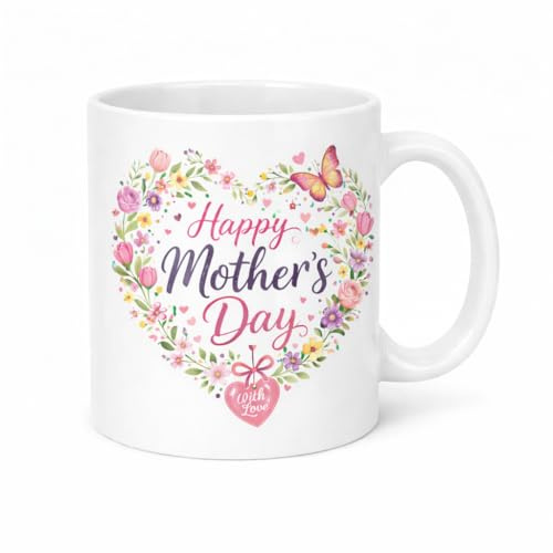 Happy Mother’s Day Floral Heart Mug – Cute Mum Gift with Flowers & Butterfly Design | Mother’s Day Coffee Cup for Mum, Mom, Mama | Pink Floral Tea Mug | Thoughtful Gift from Daughter or Son