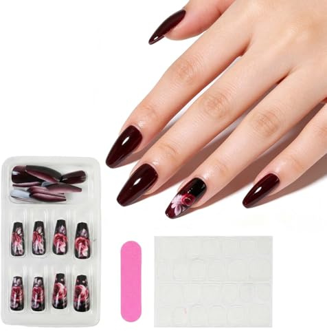Press On Nails Almond/Trapezform Rosen-Vintage-Stil, Stiletto Kunstnägel zum Aufkleben, Mittlere Länge Fingernägel zum Aufkleben, Fake Nails mit Werkzeugtasche (B)