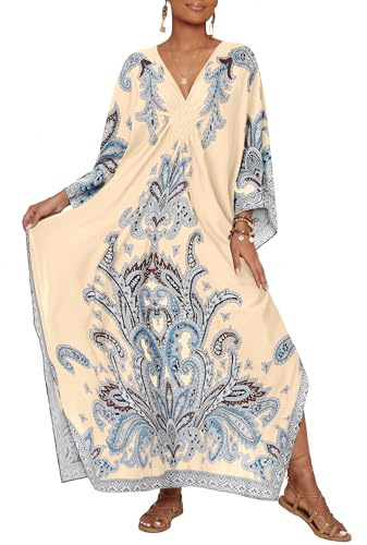 Bsubseach Kaftan-klänning för kvinnor plus storlek baddräkt tryck strand cover up, Aprikos – 1, one size