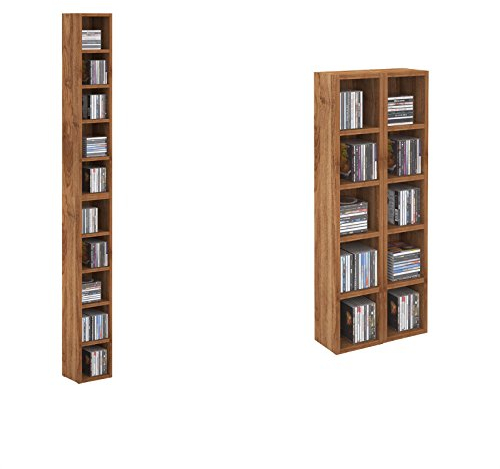 CARO-Möbel CD DVD Blueray Regal Chart in Nussbaum – Zweiteiliges Medienregal, Aufbewahrung, CD-Ständer mit 10 Fächern für bis zu 160 CDs, 20x187 cm (B x H)
