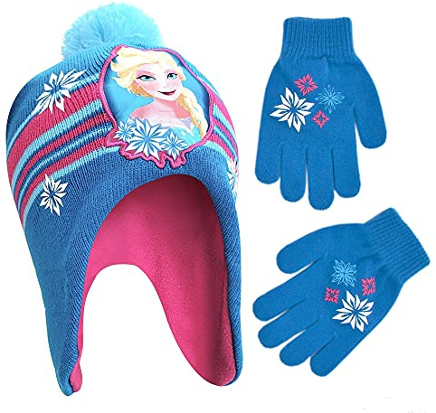 Disney Girls' Little Frozen Winter Hat and Kids Gloves Set, Elsa and Anna Beanie, Blue/Pink, Age 4-7