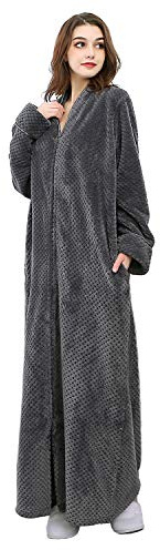 Hellomamma Womens Robes Warm Plush Winter Robe, Zip up Long Fleece Bath Robes Female, Zipper Bathrobes for Women