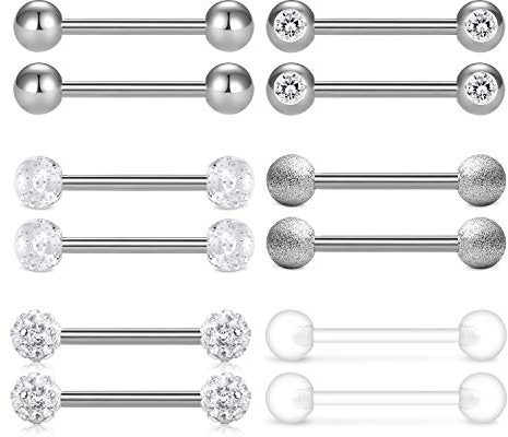 LAURITAMI 12 Paar Zungenpiercing Brustwarzenpiercing Set Chirurgenstahl 1.6mm 14mm Barbell Piercing Zunge Nippel Bars Silber
