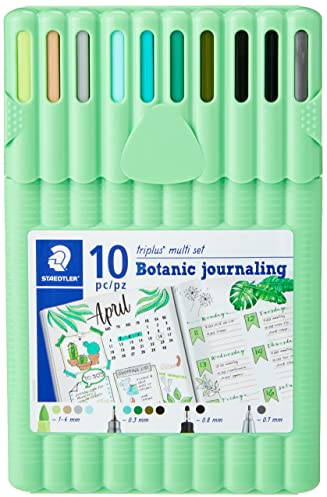 STAEDTLER triplus multi set, Botanic journaling, Verschiedene dreikantige Stifte im gemischten Set, immer das passende Schreibgerät zur Hand, Opake STAEDTLER Box in Grün mit 10 Stiften, 34 SB10BJ