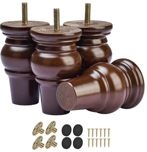 TCHOSUZ 4 Zoll / 10cm Holz Möbelfüße, Solid Walnuss Bun Füße mit M8 Bolzen, Moderne Mid-Century Geschnitzte Sofa Couch Füße Möbel Ersatz Beine für DIY Schrank Stuhl Ottoman, 4er Set