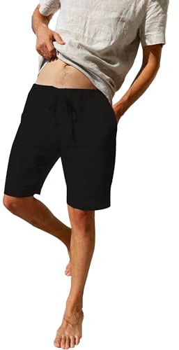 LVCBL Pantalones Cortos Casuales de Lino para Hombre Pantalones Cortos de Playa de Verano con Cordón Negro XL