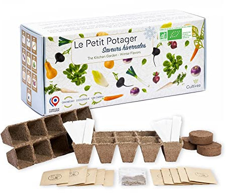 CULTIVEA® Il Piccolo Giardino - Kit di 10 semi invernali - Vasi da semina - Semi 100% biologici - Giardinaggio e gusto - Idea regalo (porri, carota, rapa, ravanello, indivia, barbabietola)